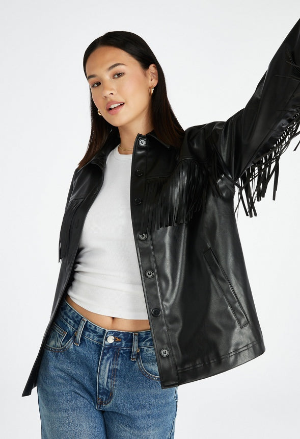 Faux Leather Fringe Jacket Black Caviar