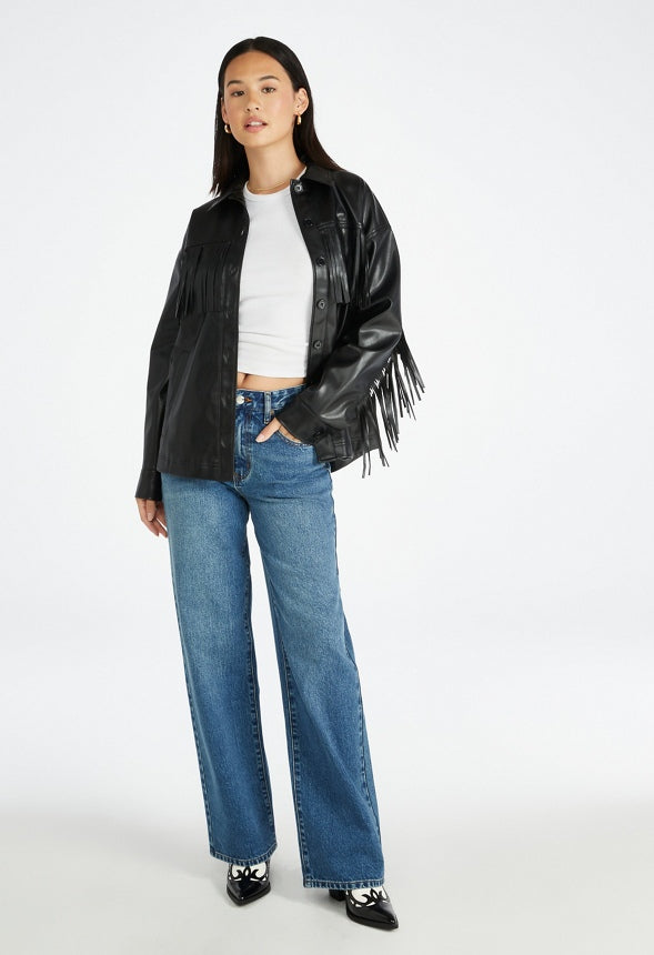 Faux Leather Fringe Jacket Black Caviar