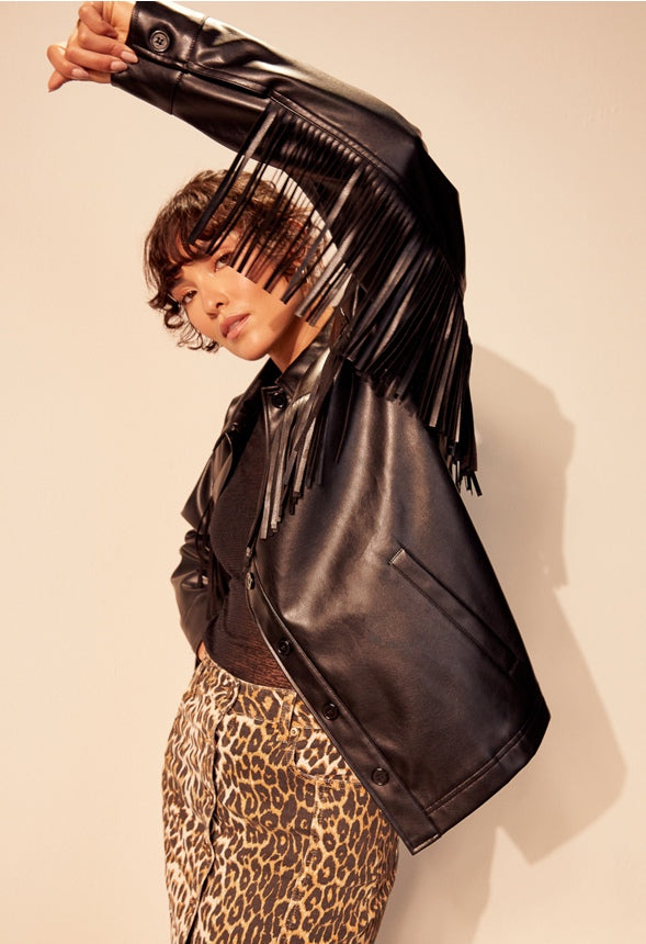 Faux Leather Fringe Jacket Black Caviar