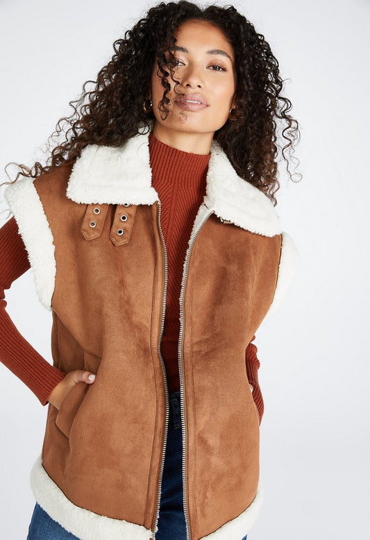 Bonded Faux Sherpa Suede Vest Brown Sugar / Marshmallow