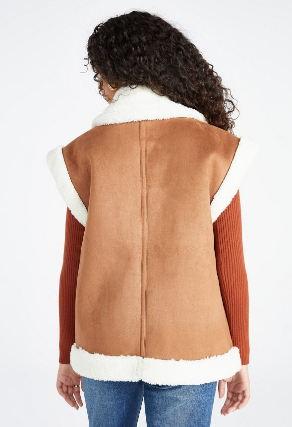 Bonded Faux Sherpa Suede Vest Brown Sugar / Marshmallow
