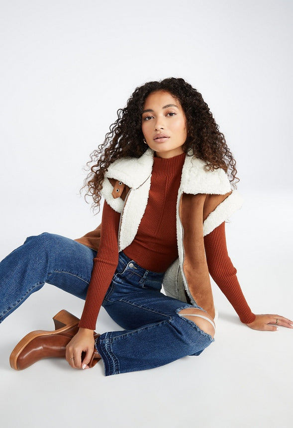 Bonded Faux Sherpa Suede Vest Brown Sugar / Marshmallow