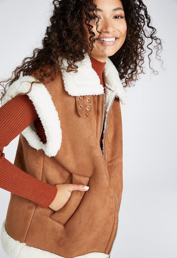 Bonded Faux Sherpa Suede Vest Brown Sugar / Marshmallow
