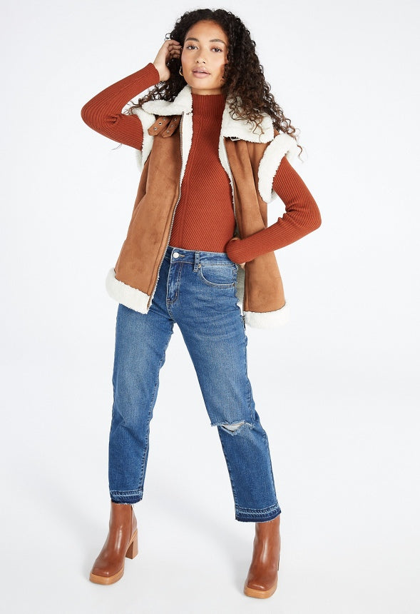 Bonded Faux Sherpa Suede Vest Brown Sugar / Marshmallow