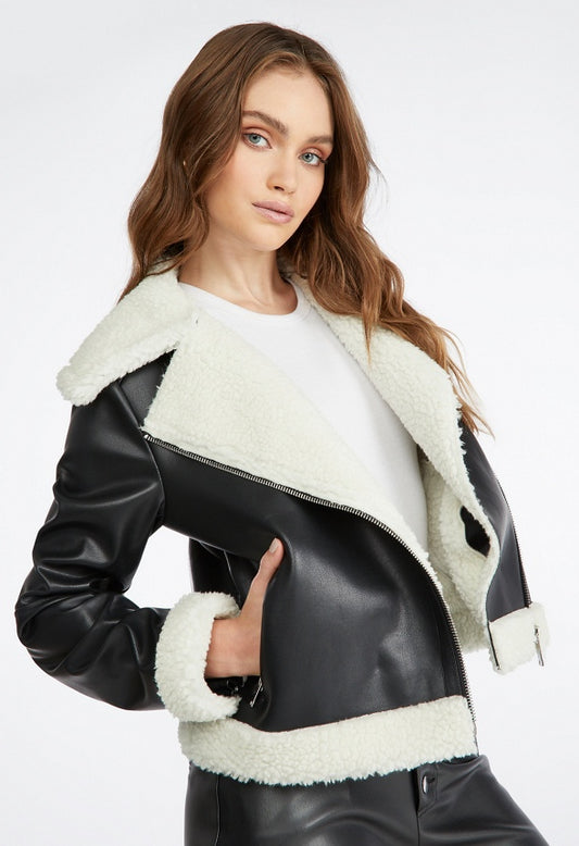 Faux Shearling Moto Jacket Black Caviar/ Marshmallow