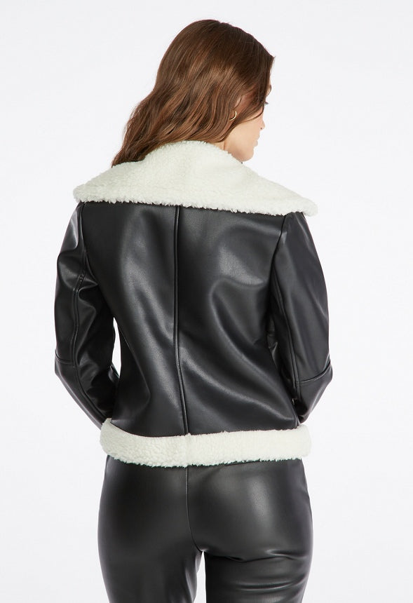 Faux Shearling Moto Jacket Black Caviar/ Marshmallow