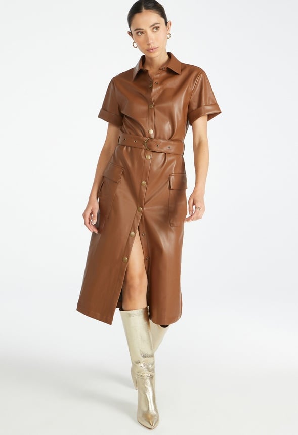 Faux Leather Midi Shirtdress Coffee