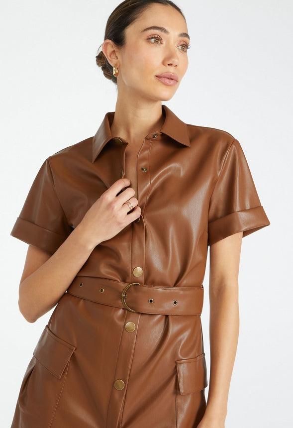 Faux Leather Midi Shirtdress Coffee