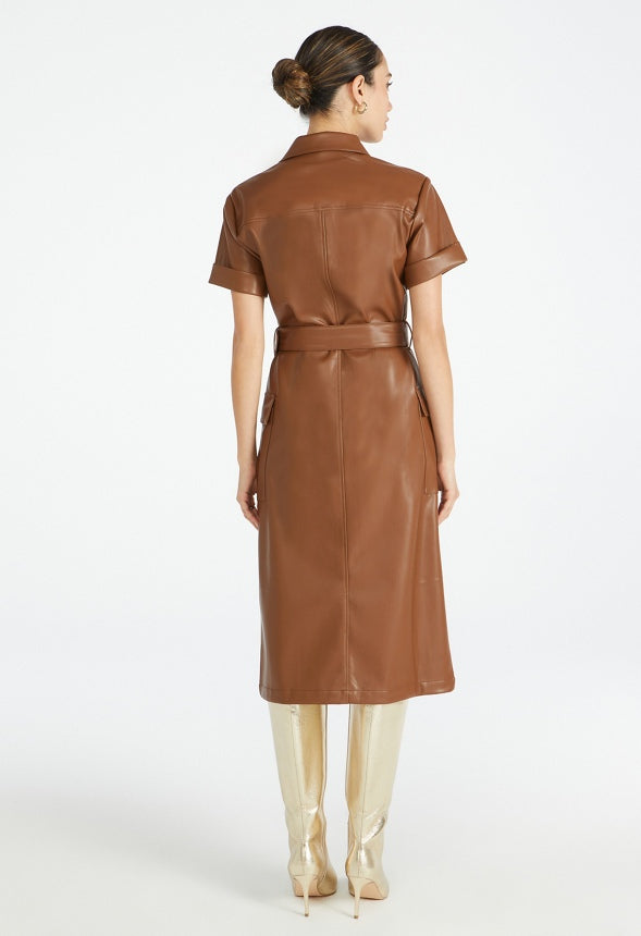 Faux Leather Midi Shirtdress Coffee