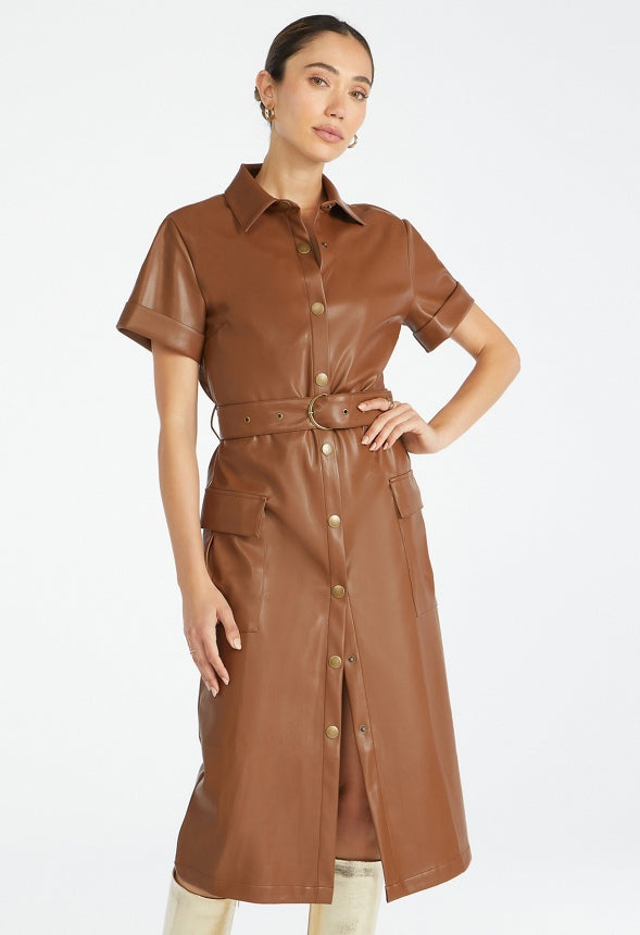 Faux Leather Midi Shirtdress Coffee