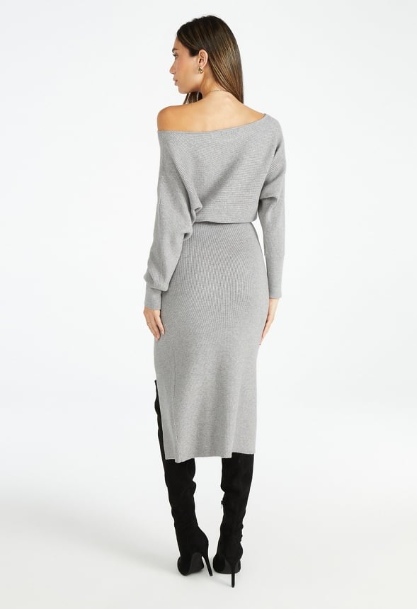 Off Shoulder Sweater Midi Dress Heather Grey
