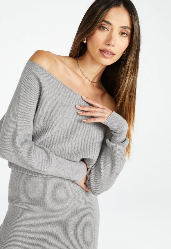 Off Shoulder Sweater Midi Dress Heather Grey