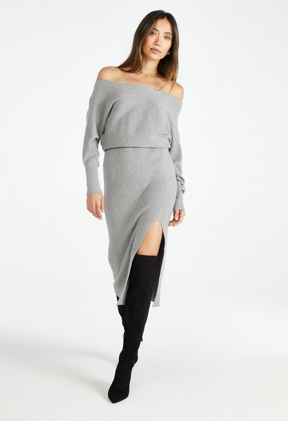 Off Shoulder Sweater Midi Dress Heather Grey