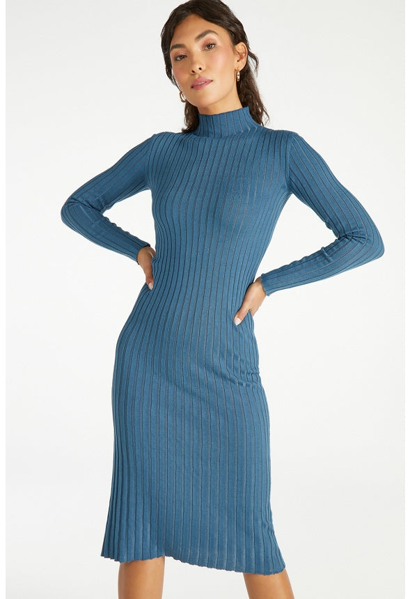 Mock Neck Midi Rib Dress Stormy Blue