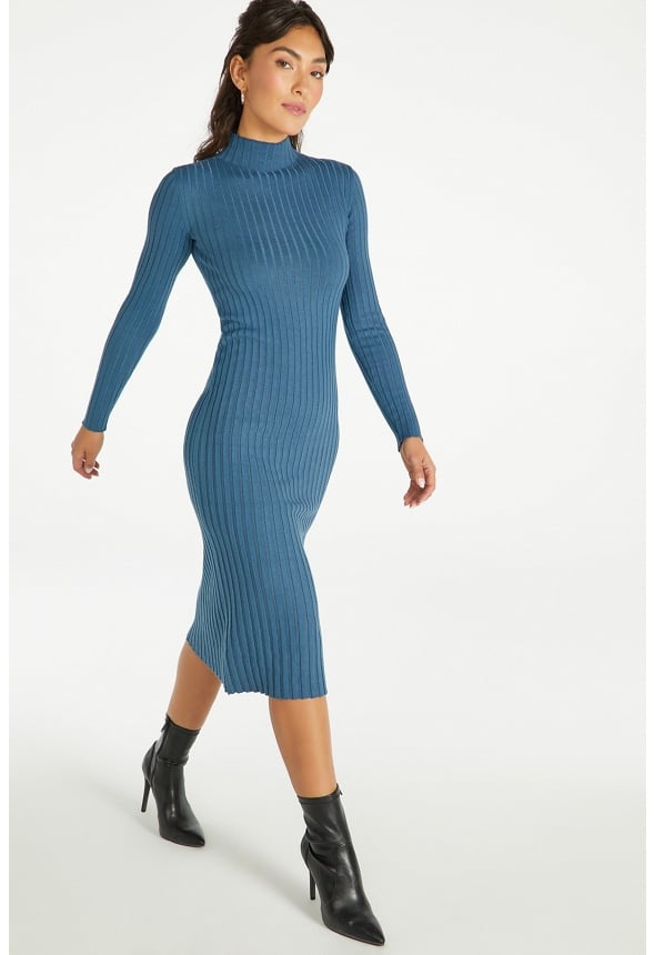 Mock Neck Midi Rib Dress Stormy Blue