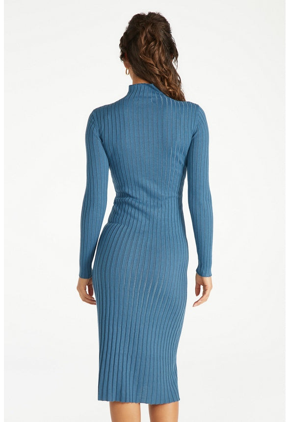Mock Neck Midi Rib Dress Stormy Blue