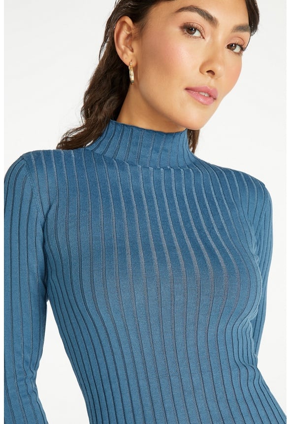 Mock Neck Midi Rib Dress Stormy Blue