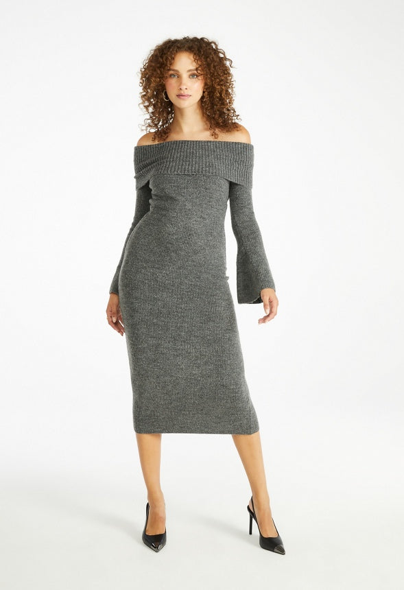 Off Shoulder Cozy Sweater Dress Dark Grey Heather