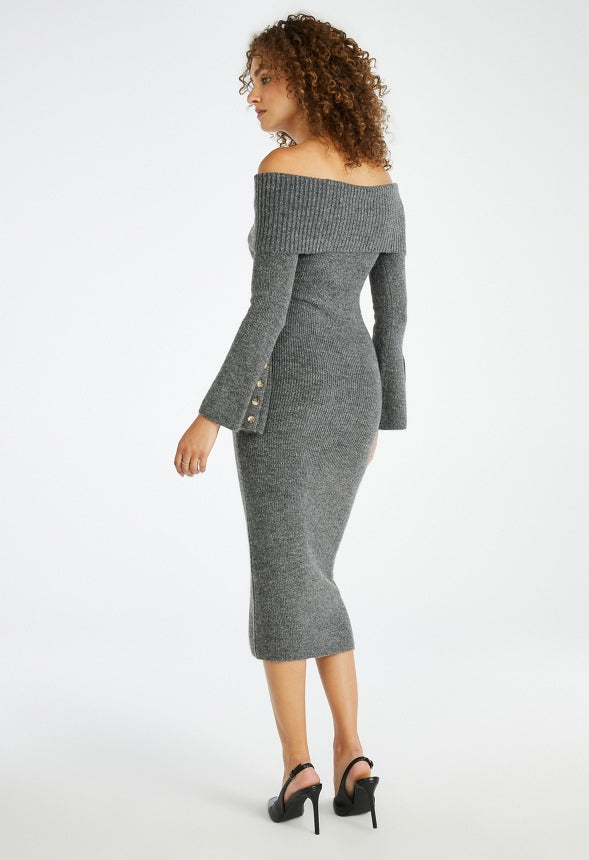Off Shoulder Cozy Sweater Dress Dark Grey Heather