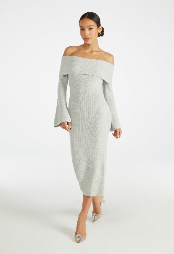 Off Shoulder Cozy Sweater Dress Light Mint