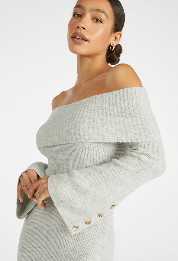 Off Shoulder Cozy Sweater Dress Light Mint