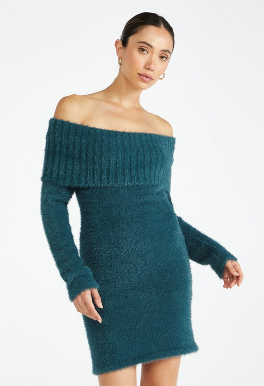 Off Shoulder Fuzzy Sweater Dress Green