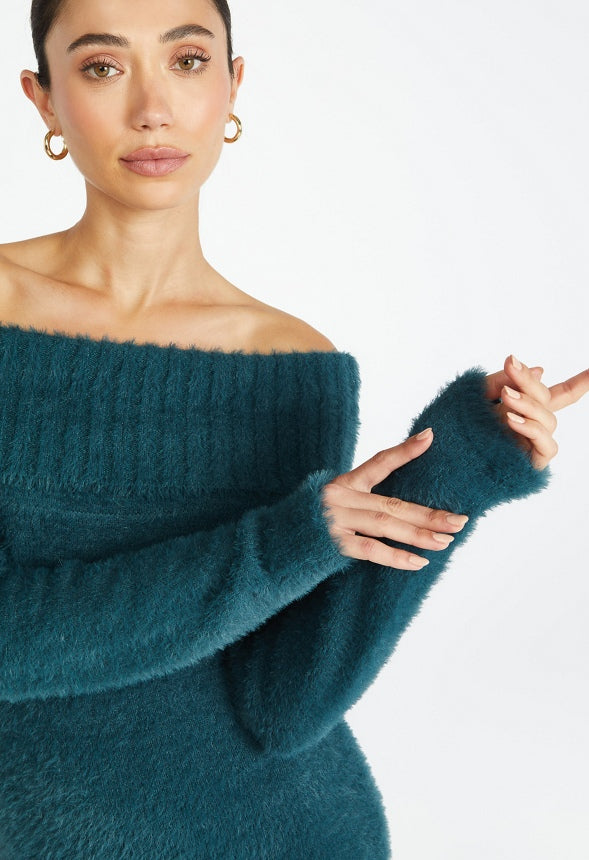 Off Shoulder Fuzzy Sweater Dress Green