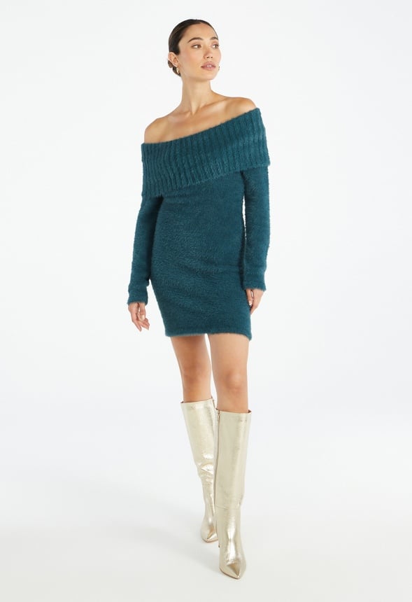 Off Shoulder Fuzzy Sweater Dress Green