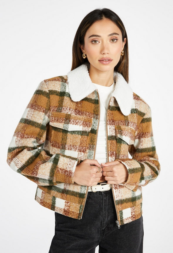 Sherpa Collar Flannel Jacket Coffee Multi