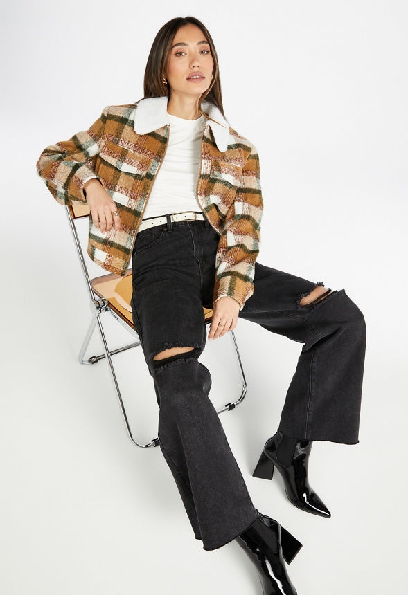 Sherpa Collar Flannel Jacket Coffee Multi