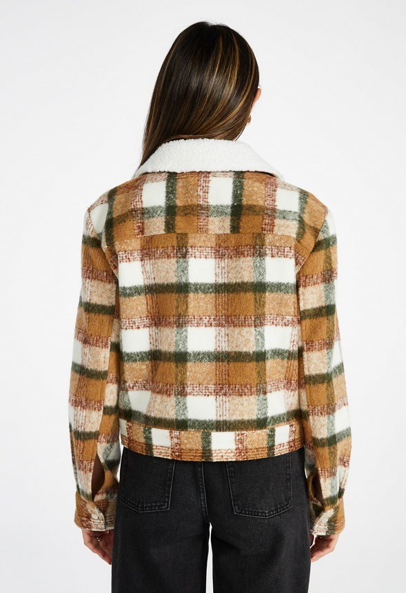 Sherpa Collar Flannel Jacket Coffee Multi