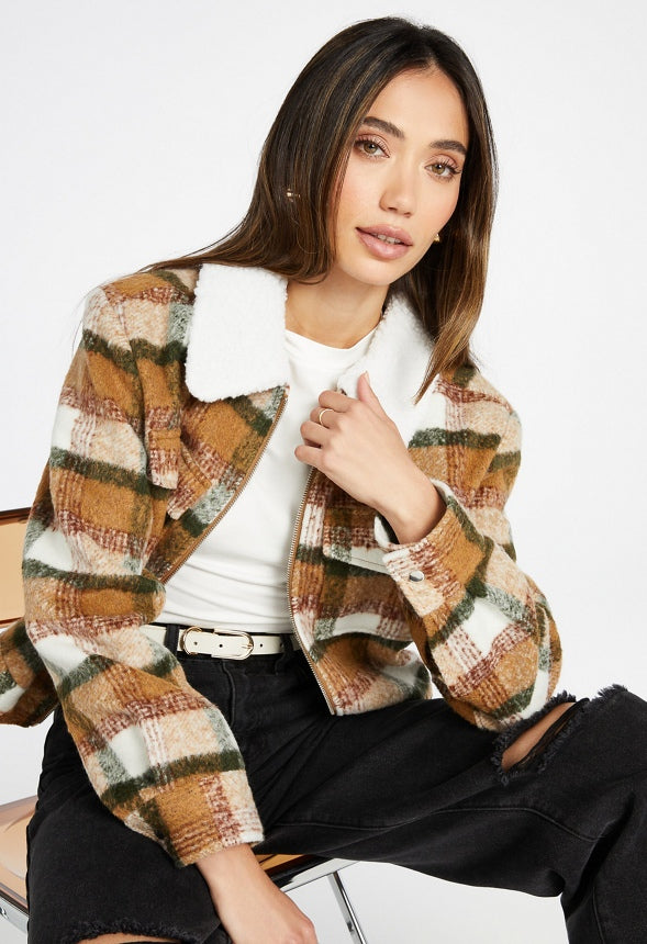 Sherpa Collar Flannel Jacket Coffee Multi