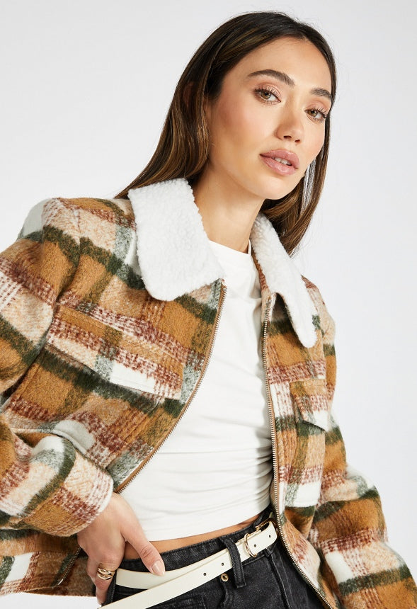 Sherpa Collar Flannel Jacket Coffee Multi