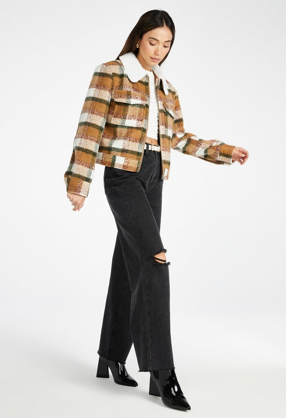 Sherpa Collar Flannel Jacket Coffee Multi