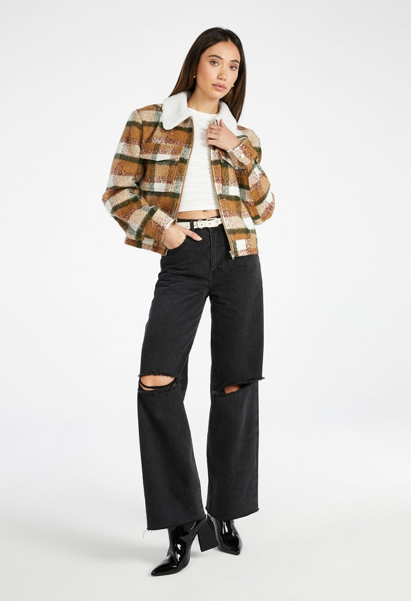 Sherpa Collar Flannel Jacket Coffee Multi