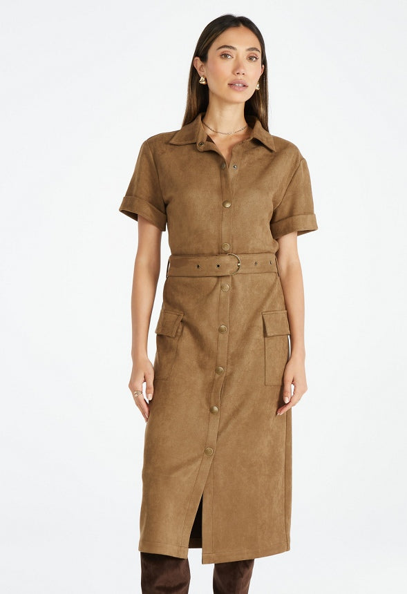 Faux Suede Midi Shirtdress Cubb Brown