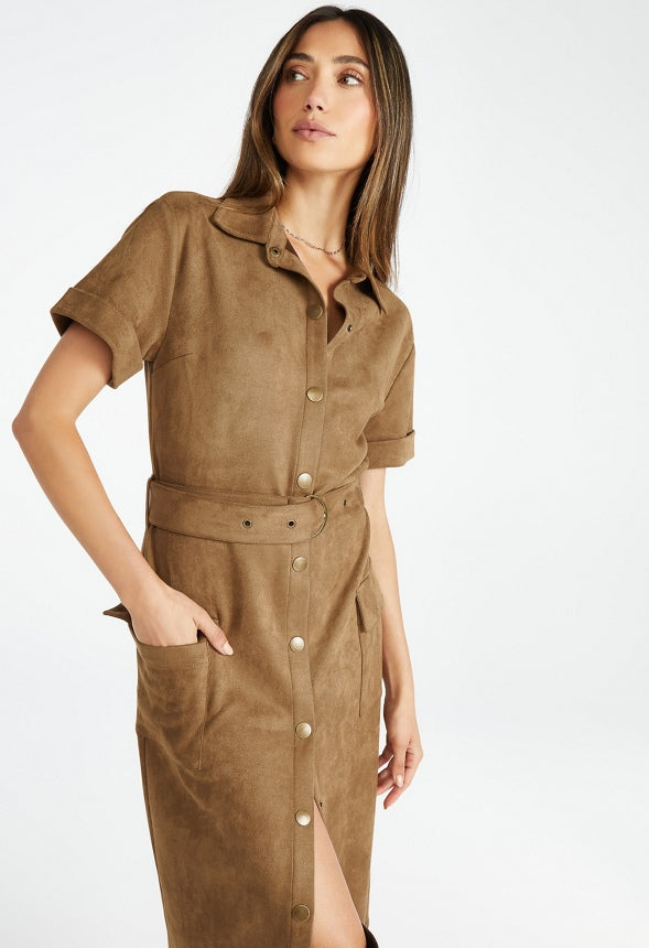Faux Suede Midi Shirtdress Cubb Brown