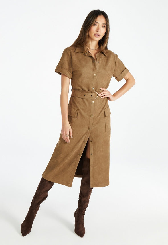Faux Suede Midi Shirtdress Cubb Brown