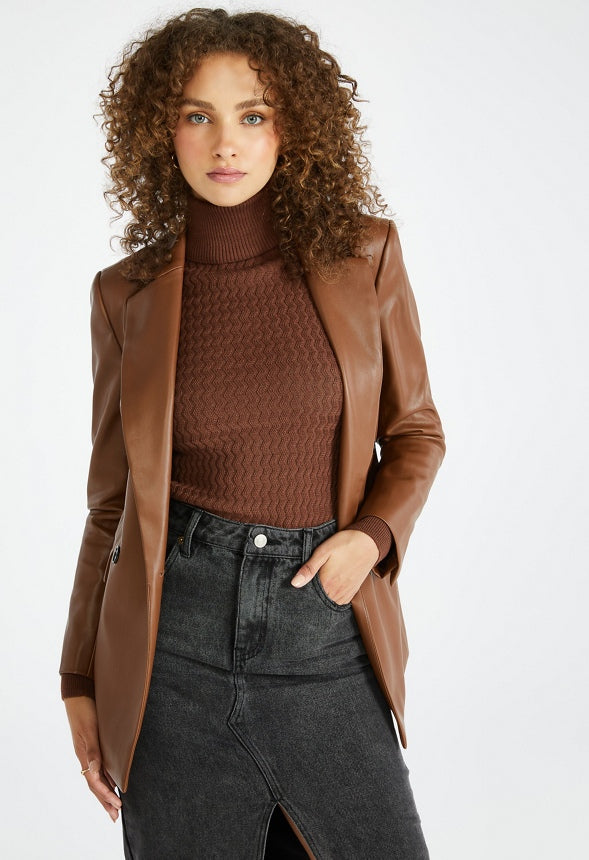Oversized Faux Leather Blazer Brown