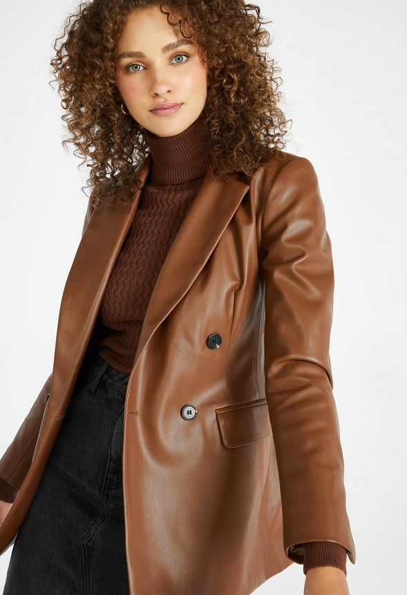 Oversized Faux Leather Blazer Brown