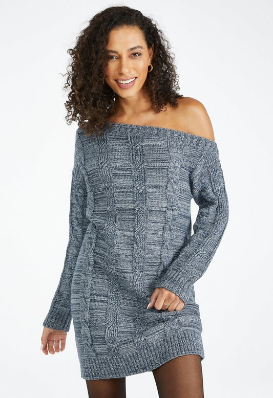 Off Shoulder Cable Sweater Dress Blue Heather