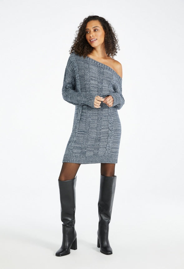 Off Shoulder Cable Sweater Dress Blue Heather