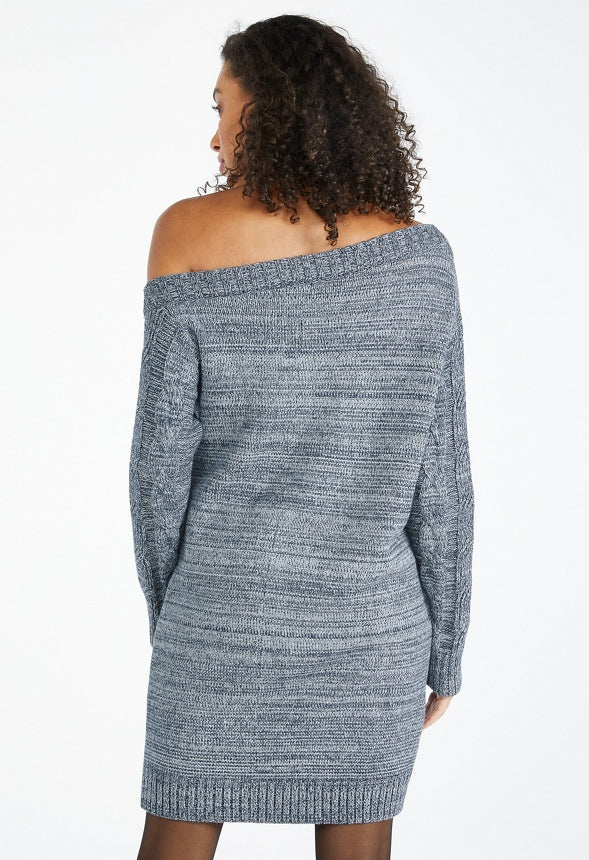 Off Shoulder Cable Sweater Dress Blue Heather
