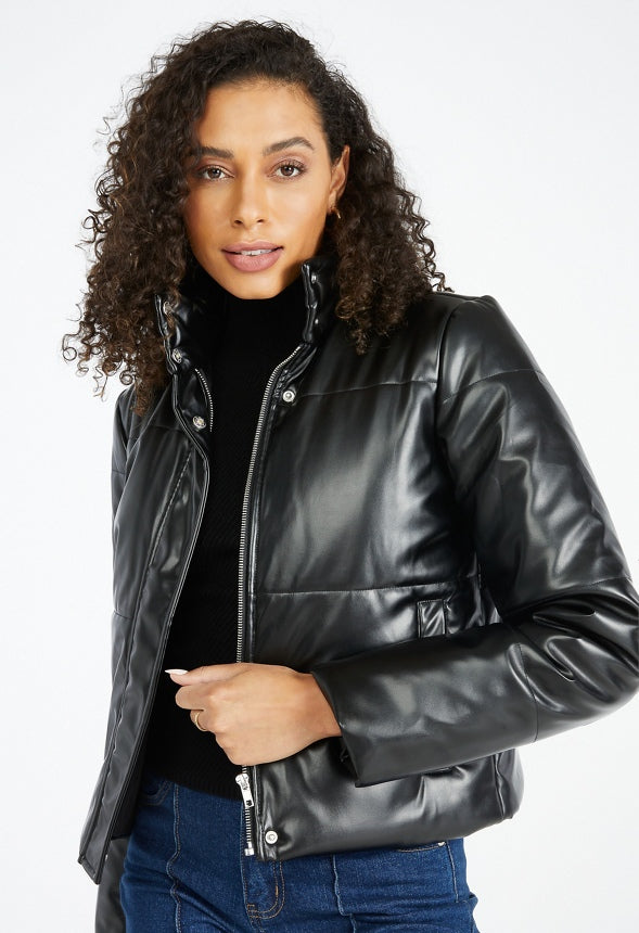 Faux Leather Puffer Jacket Black Caviar