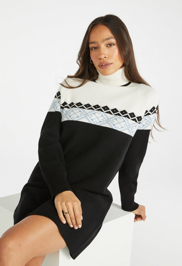 Turtleneck Jacquard Sweater Dress Caviar Multi