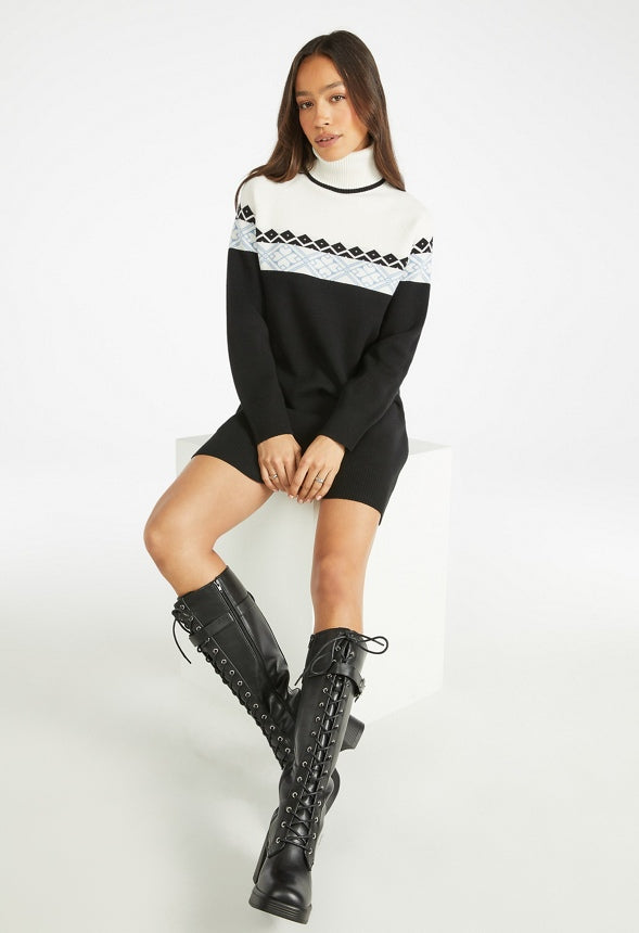 Turtleneck Jacquard Sweater Dress Caviar Multi