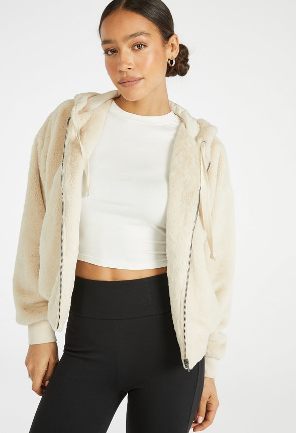 Cozy Short Fur Hoodie Cement
