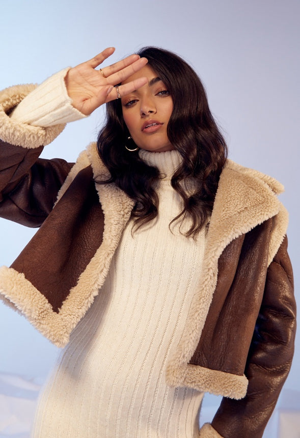 4 in 1 Shearling Faux Leather Long Coat Brown Combo