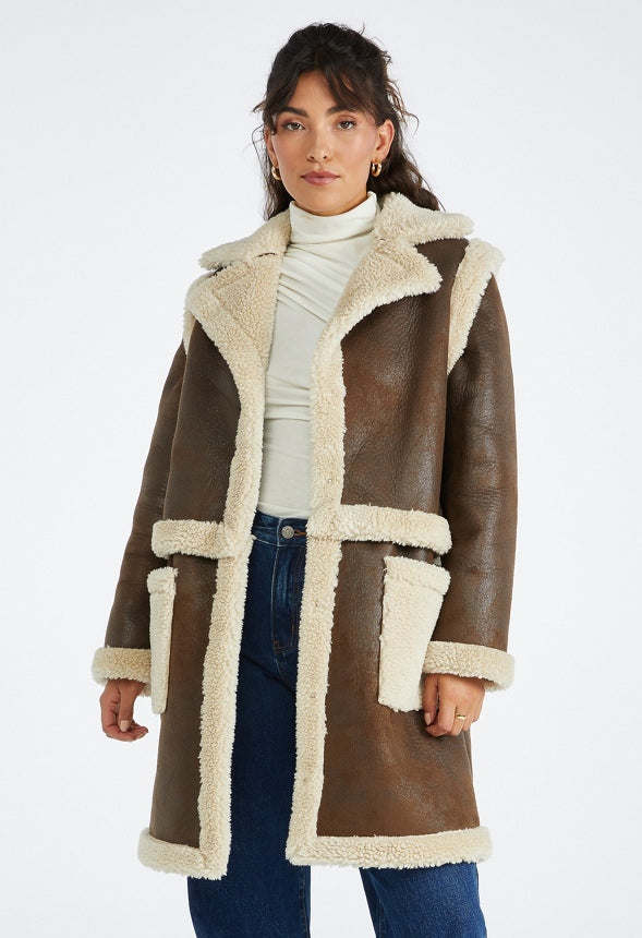 4 in 1 Shearling Faux Leather Long Coat Brown Combo