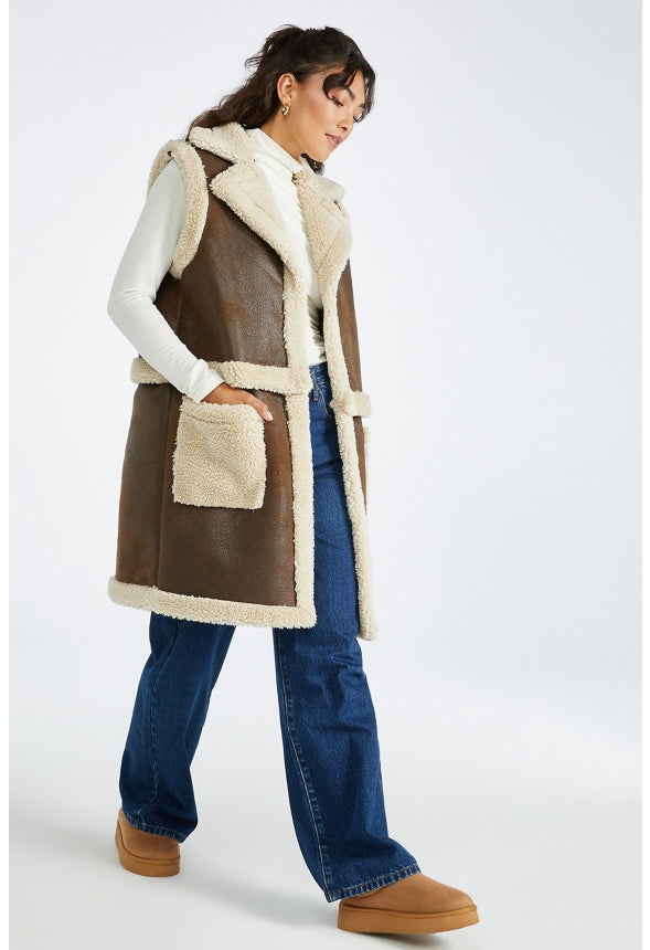 4 in 1 Shearling Faux Leather Long Coat Brown Combo
